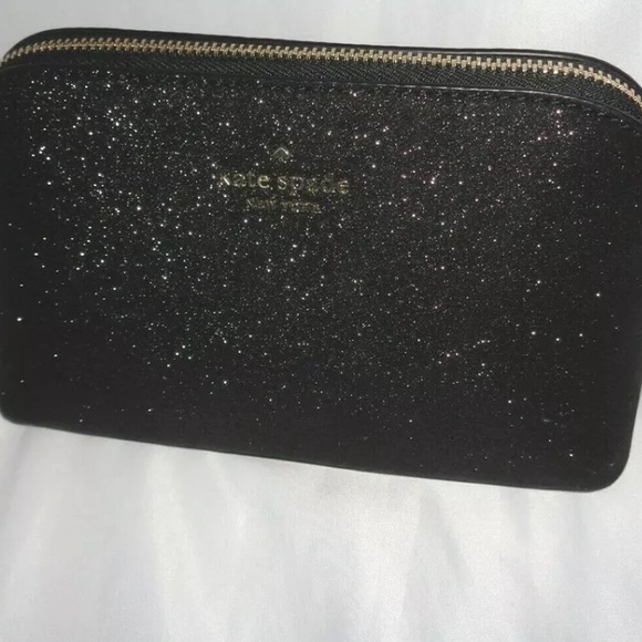 New Kate Spade Shimmy Glitter Fabric Small Cosmetic Case Makeup Bag Travel Black - Picture 3 of 5